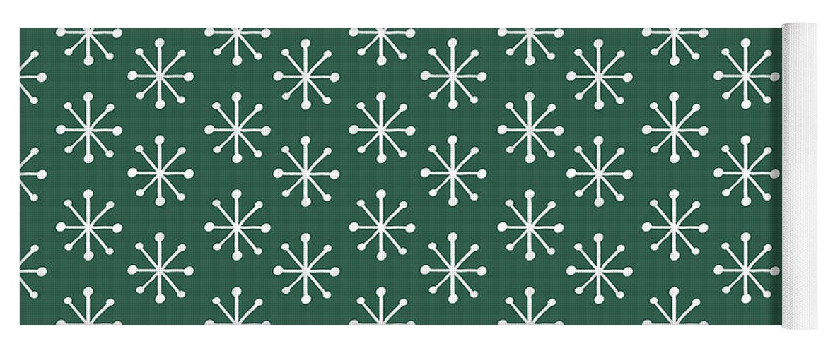 Green Yoga Mat featuring the painting Simple Vintage Snowflake Green Pattern by Jen Montgomery