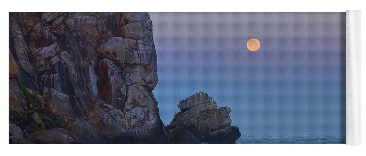 California Yoga Mat featuring the photograph Snow Moon and Morro Rock by Cheryl Strahl