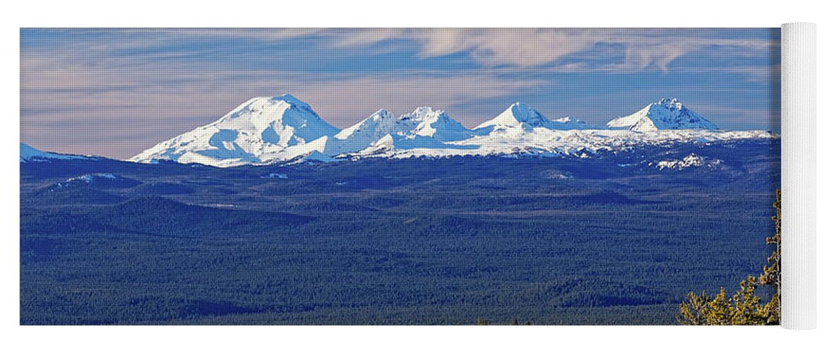 Central Oregon Cascade Mountains Yoga Mat featuring the photograph South Middle North Sisters and Broken Top Mts in distant snowy Cascade Mountains Oregon USA by Robert C Paulson Jr