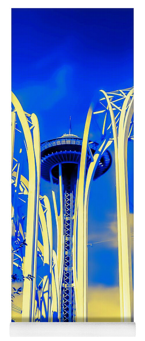 Space Needle Yoga Mat featuring the photograph Space Needle Blue and Yellow by Cathy Anderson
