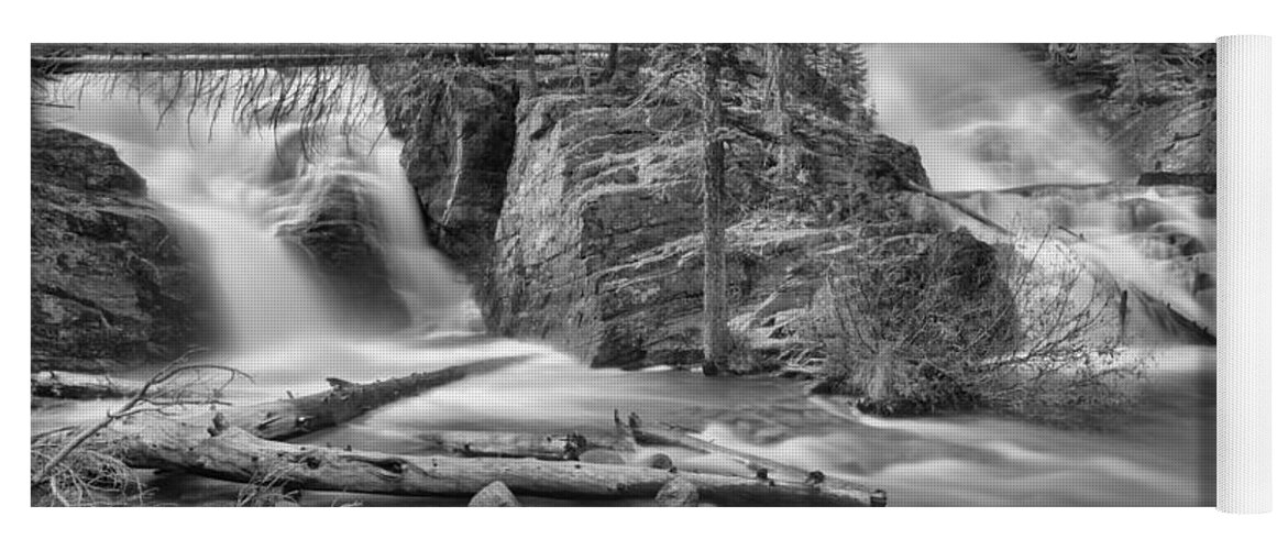 Twin Falls Yoga Mat featuring the photograph Spring At Glacier Twin Falls Black And White by Adam Jewell