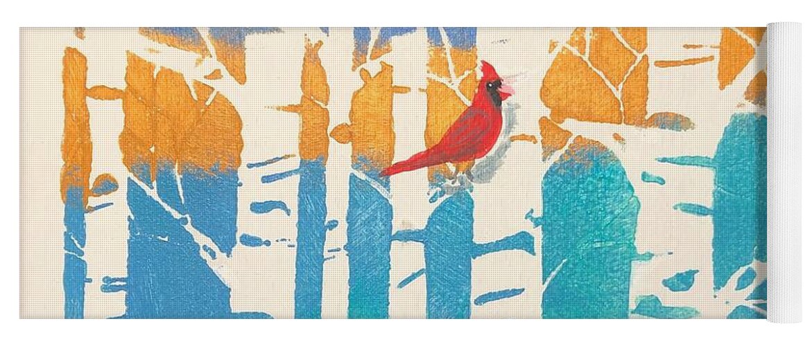 Cardinal Yoga Mat featuring the mixed media Spring Cardinal in middle birch tree by Monika Shepherdson