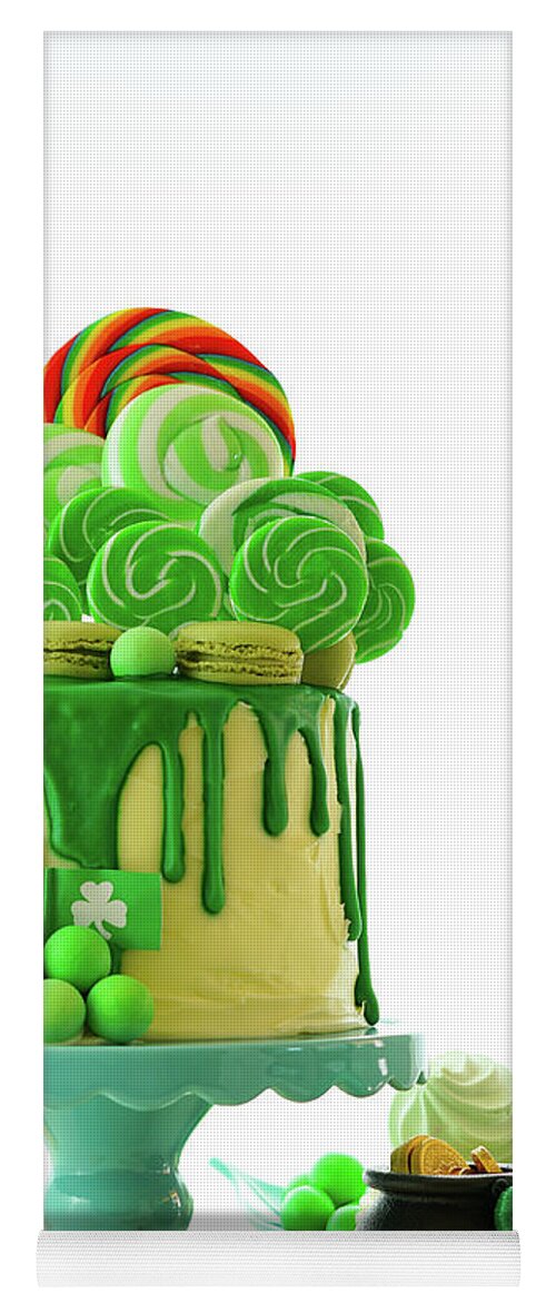Paddy Yoga Mat featuring the photograph St Patrick's Day theme lollipop candy land drip cake. by Milleflore Images