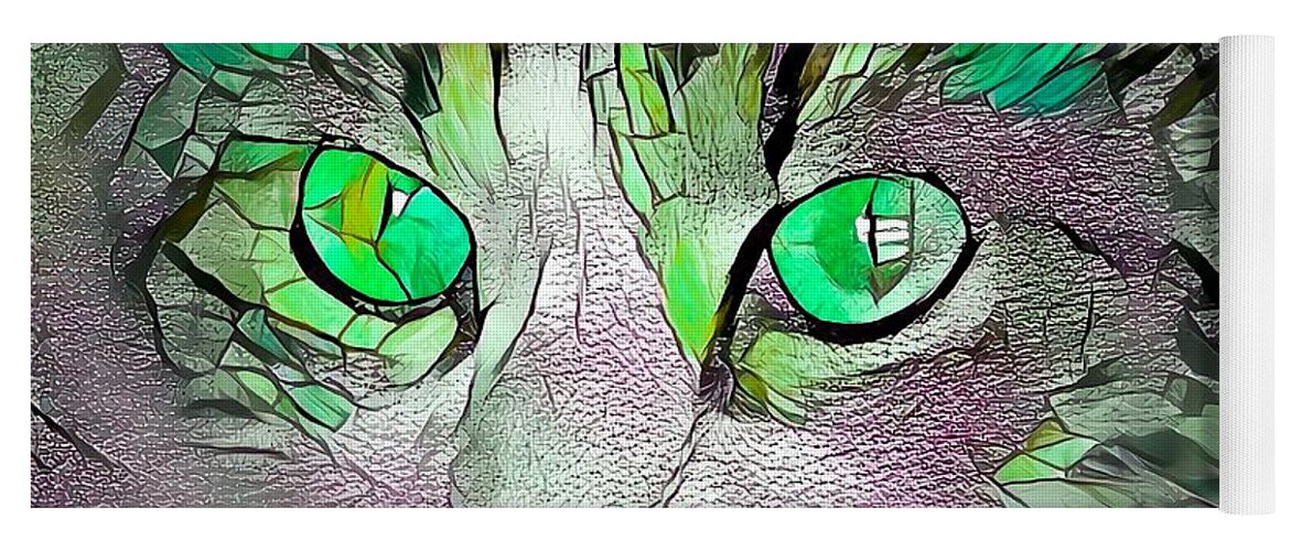 Glass Yoga Mat featuring the digital art Stained Glass Cat Portrait Green by Don Northup