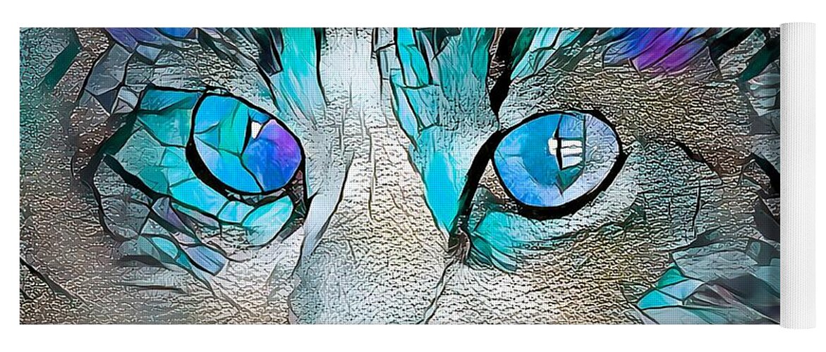 Glass Yoga Mat featuring the digital art Stained Glass Cat Portrait Light Blue by Don Northup