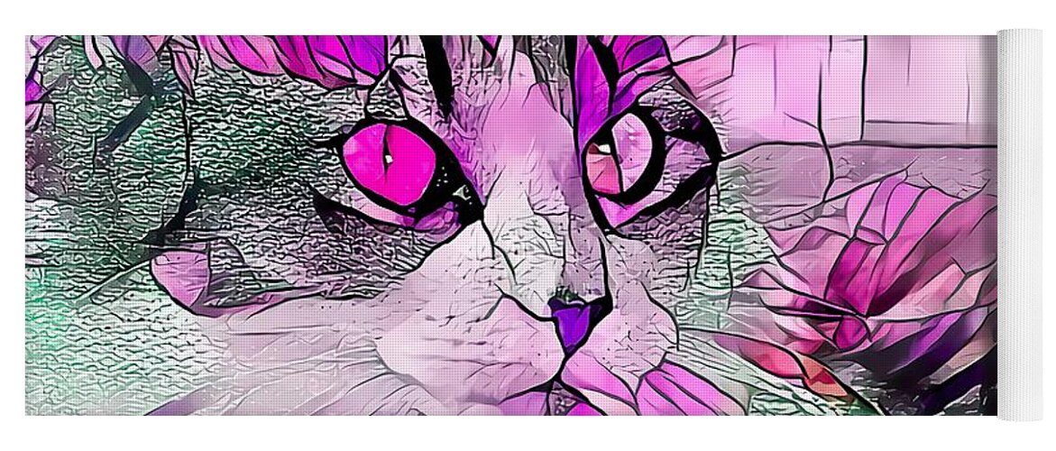 Glass Yoga Mat featuring the digital art Stained Glass Cat Profile Purple by Don Northup
