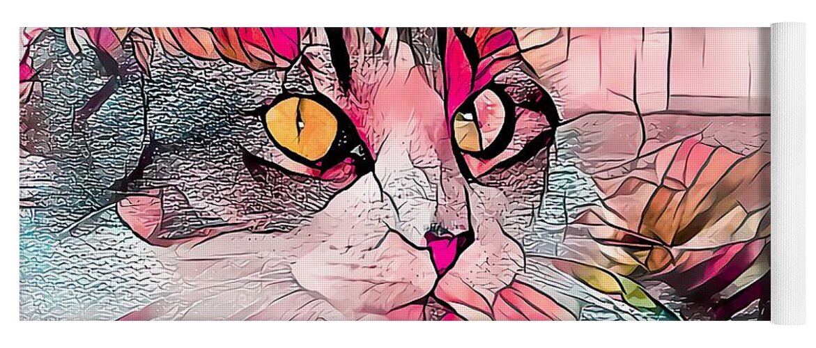 Glass Yoga Mat featuring the digital art Stained Glass Cat Profile Warm Colors by Don Northup
