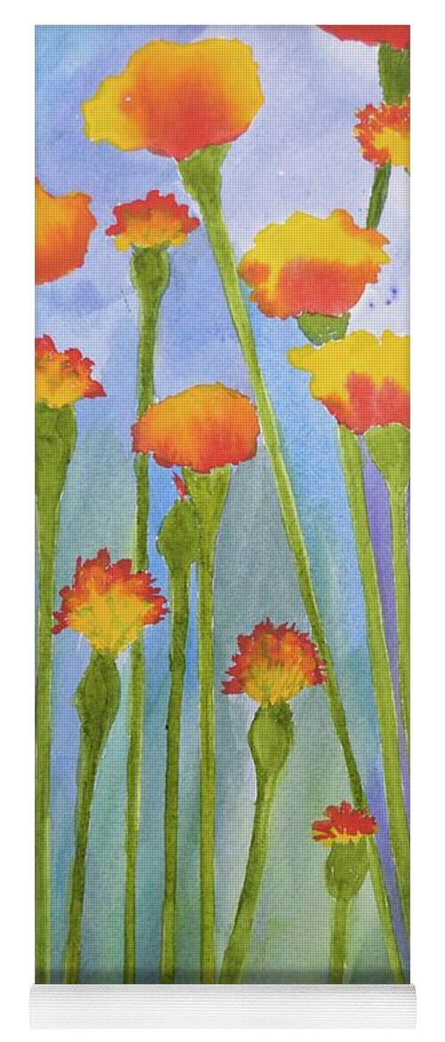 Barrieloustark Yoga Mat featuring the painting Stand Up Marigolds by Barrie Stark
