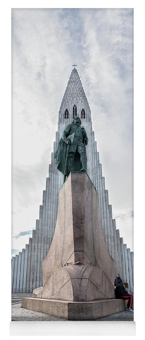 Iceland Yoga Mat featuring the photograph Statue of explorer Leif Erikson and Hallgrimskirkja in Reykjavik by RicardMN Photography
