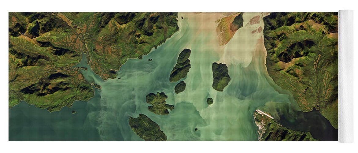 Satellite Image Yoga Mat featuring the digital art Stikine river estuary, Alaska from space by Christian Pauschert