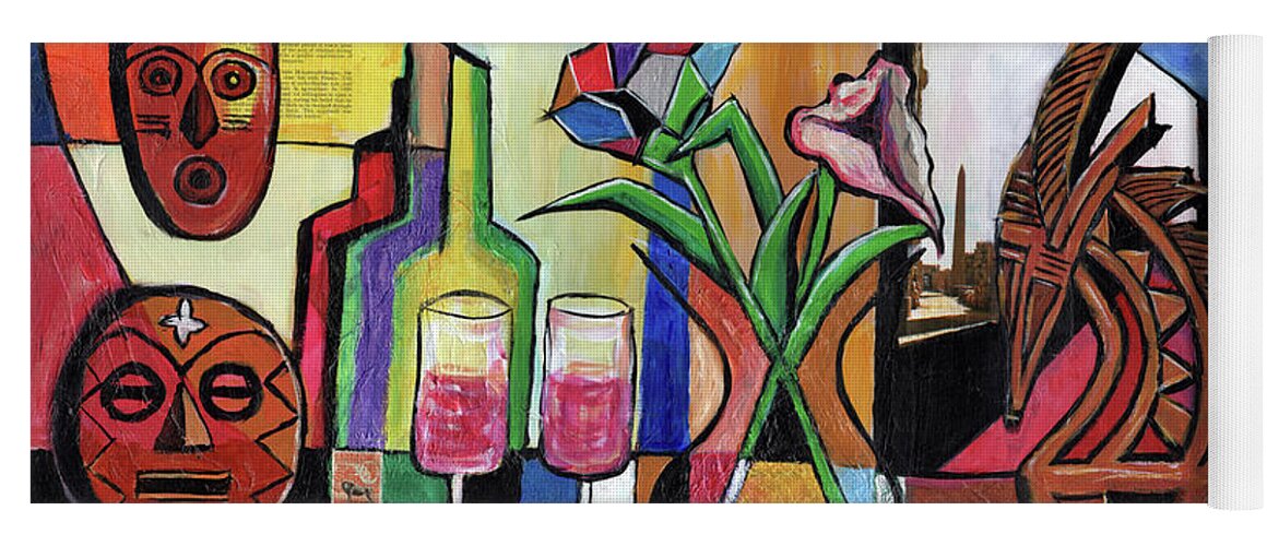 Everett Spruill Yoga Mat featuring the mixed media Still Life with Chiwara and Flowers by Everett Spruill