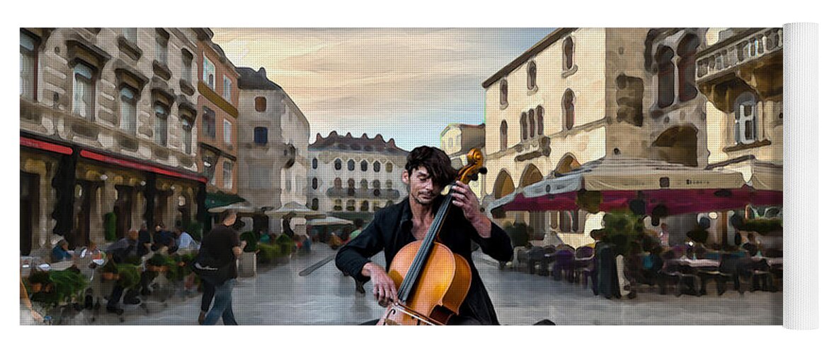 Music Yoga Mat featuring the mixed media Street Music. Cello. by Alex Mir