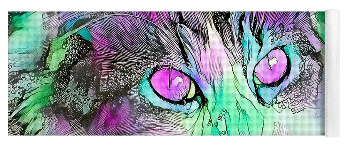 Watercolor Yoga Mat featuring the digital art Stunning Watercolor Cat Face Purple Eyes by Don Northup