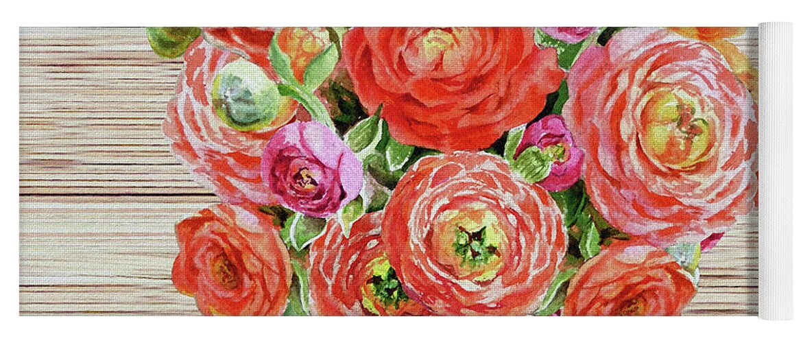 Flowers Yoga Mat featuring the painting Summer Bouquet Ranunculus Flowers In The Glass Vase by Irina Sztukowski