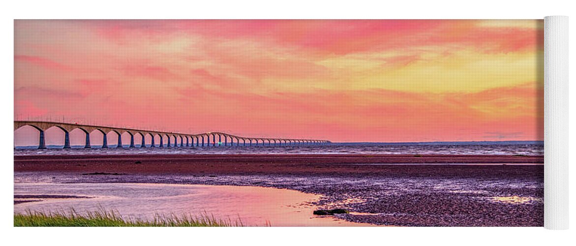 Pei Yoga Mat featuring the photograph Summer Sunset at Confederation Bridge, Painterly by Marcy Wielfaert