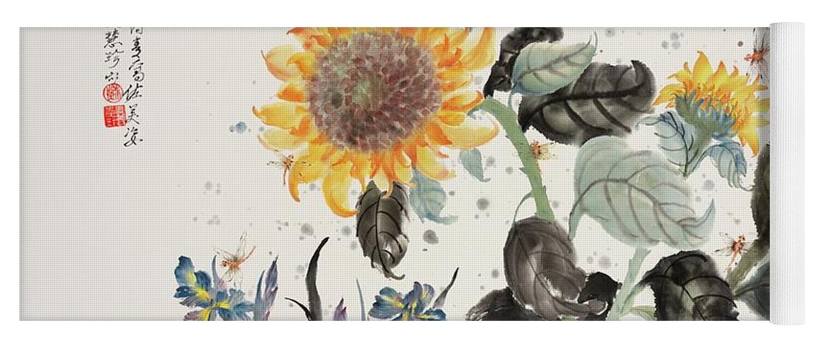 Chinese Watercolor Yoga Mat featuring the painting Sunflower and Dragonfly by Jenny Sanders
