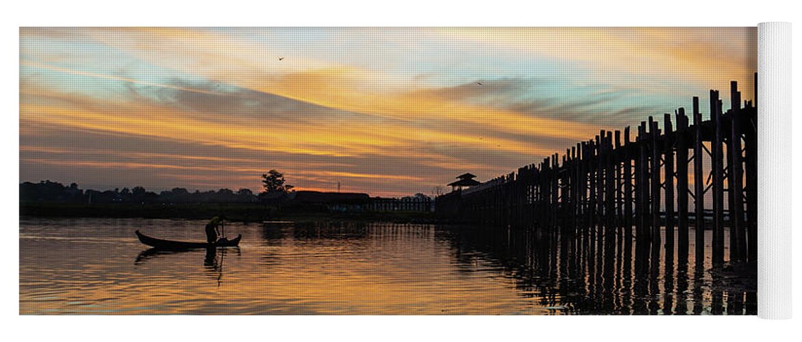 Fishing Yoga Mat featuring the photograph sunrise at U Bein Bridge, Mandalay, Myanmar by Ann Moore