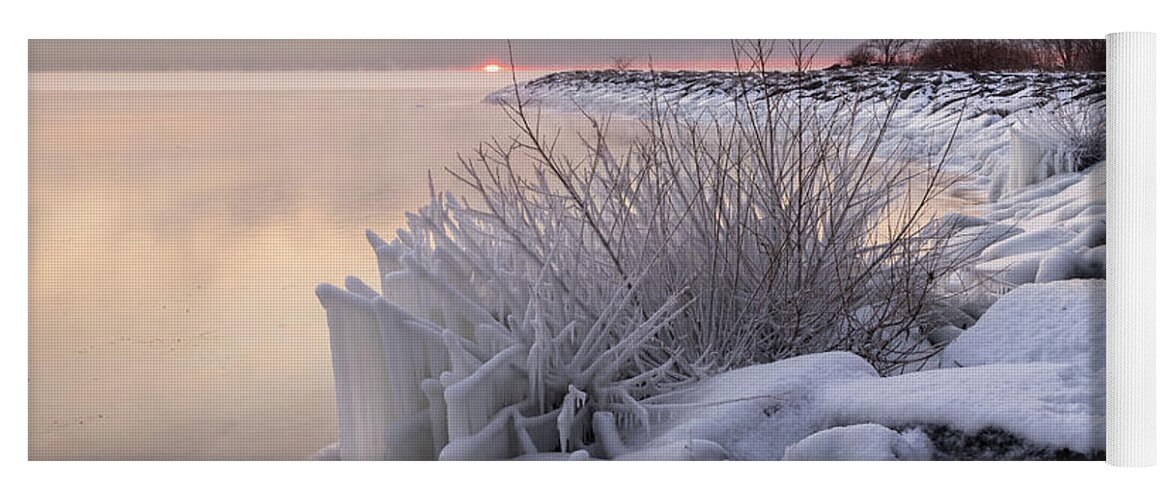 Sunrise On Ice Yoga Mat featuring the photograph Sunrise on Ice - Wintry Glory on Lake Ontario by Georgia Mizuleva