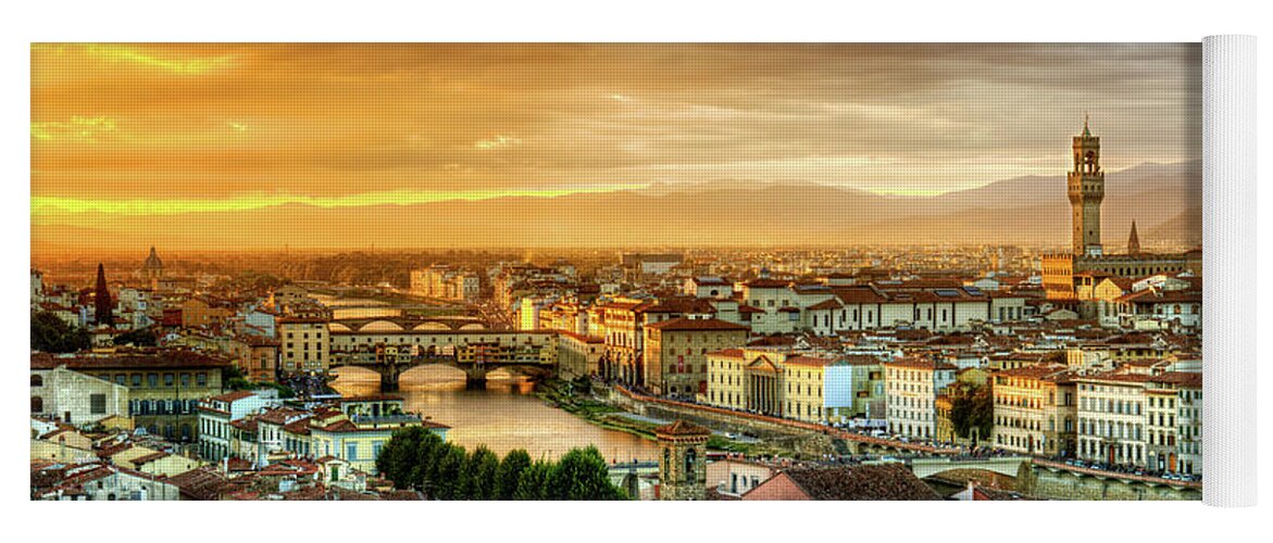 Florence Yoga Mat featuring the photograph Sunset in Florence duet 1 - Ponte Vecchio and Palazzo Vecchio by Weston Westmoreland