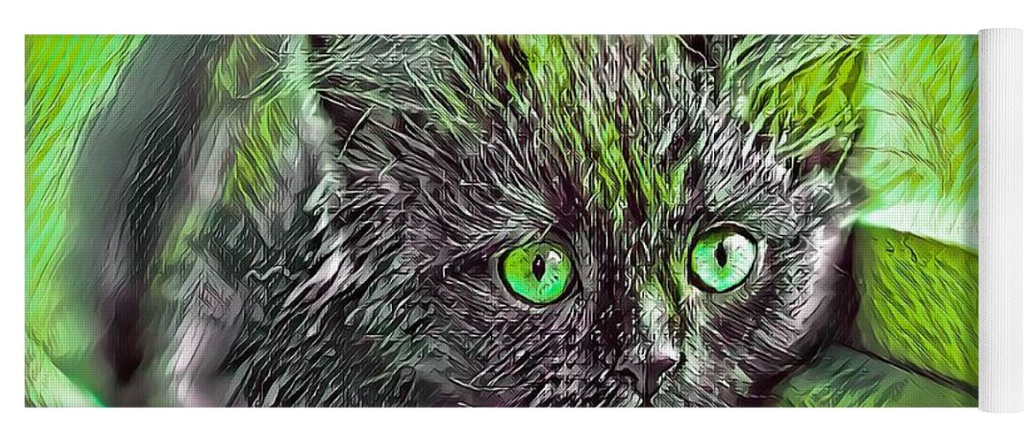 Green Yoga Mat featuring the digital art Super Cool Black Cat Green Eyes by Don Northup