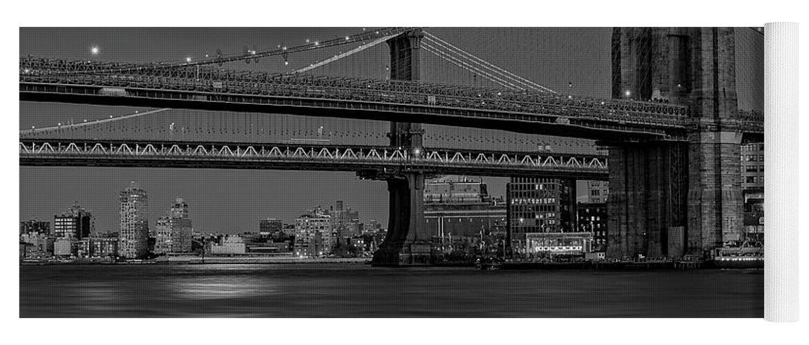 Nyc Skyline Yoga Mat featuring the photograph Super Moon Over Manhattan and Brooklyn Bridges NYC BW by Susan Candelario