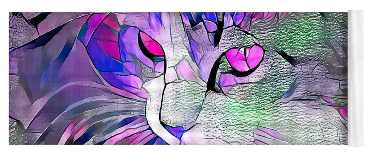 Glass Yoga Mat featuring the digital art Super Stained Glass Kitten Pink Eyes by Don Northup