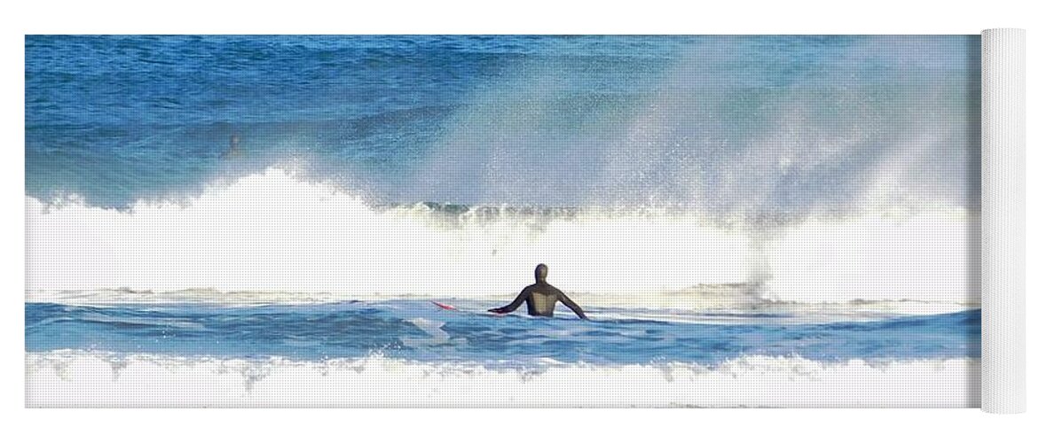 Sea Yoga Mat featuring the photograph - surfer and sea spray at York Beach ME by THERESA Nye