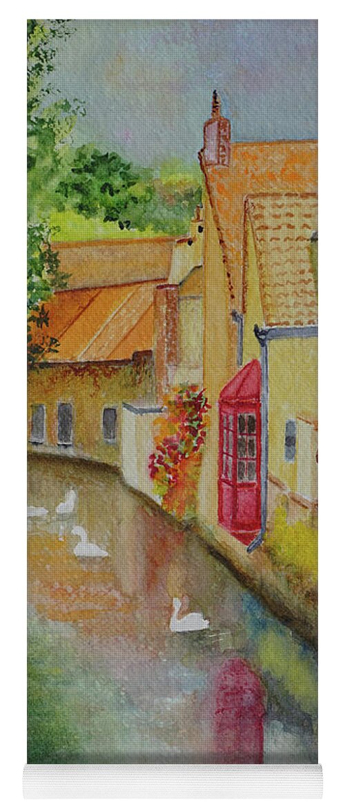 Bruges Yoga Mat featuring the painting Swan Canal by Karen Fleschler