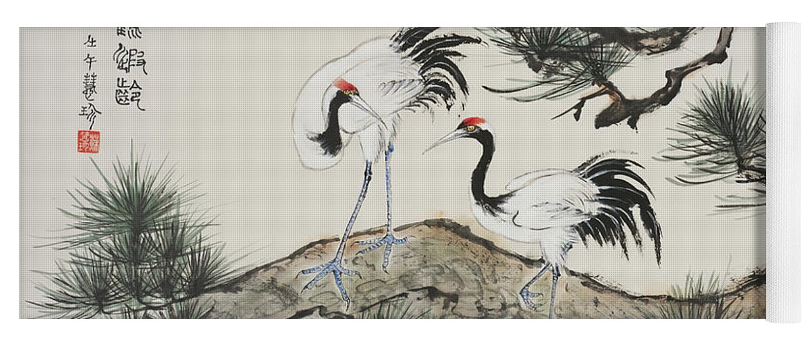 Chinese Watercolor Yoga Mat featuring the painting Cranes Among the Pines by Jenny Sanders