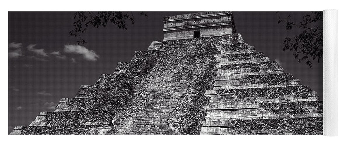 Yucatan Yoga Mat featuring the photograph Temple of Kukulcan Black and White by Roy Pedersen
