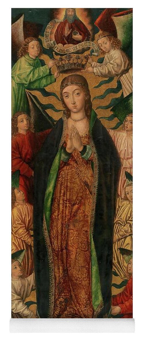 Diego De La Cruz Yoga Mat featuring the painting 'The Assumption and Coronation of the Virgin'. Ca. 1497. Oil on... by Diego de la Cruz -fl 1482-1500-