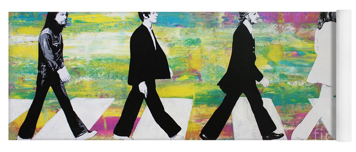 The Beatles Yoga Mat featuring the mixed media The Beatles Group on Abbey Road by Kathleen Artist PRO