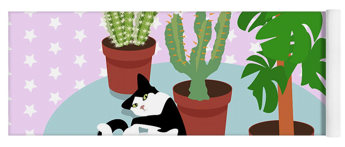 Cat Yoga Mat featuring the digital art The Cat And The Cacti by Claire Huntley