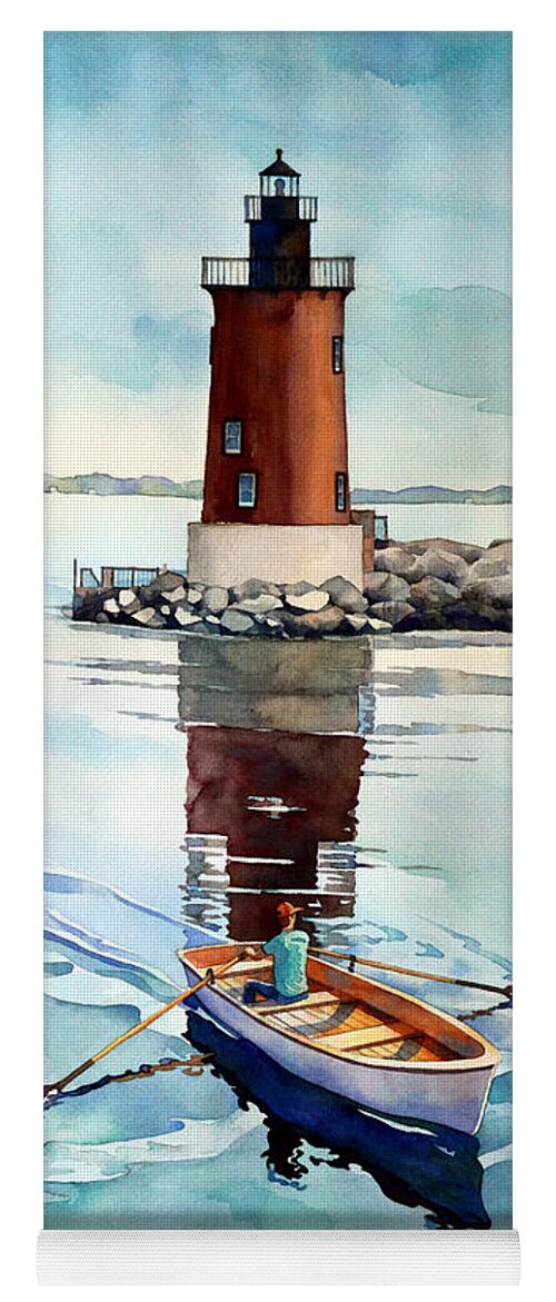 #watercolor #watercolorpainting #delaware #delawarebay #ral #capehenlopen #lighthouse #art #artistsoninstagram #boat #landscape #painting #rowing #rehobothbeach #water Yoga Mat featuring the painting The Lighthouse Keeper by Mick Williams