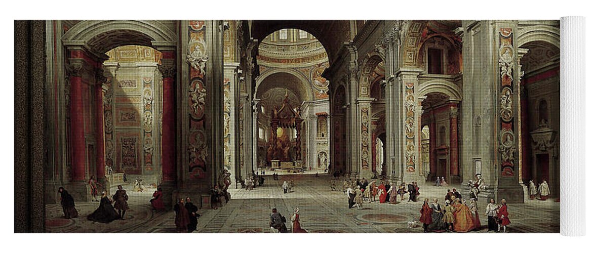 The Nave Of St. Peter's Basilica Yoga Mat featuring the painting The Nave of St Peter's Basilica in the Vatican c1735 by Giovanni Paolo Pannini by Rolando Burbon