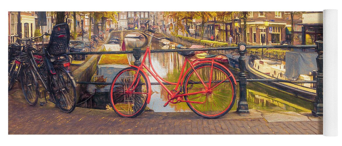 Boats Yoga Mat featuring the photograph The Red Bike in Amsterdam in Autumn by Debra and Dave Vanderlaan