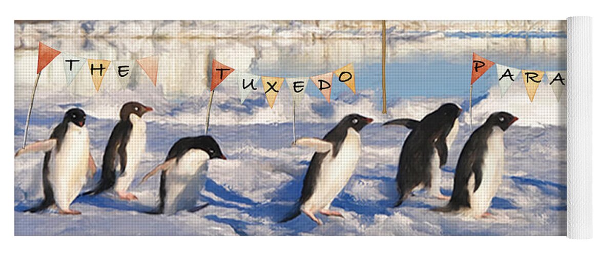 Penguins Yoga Mat featuring the mixed media The Tuxedo Parade by Colleen Taylor