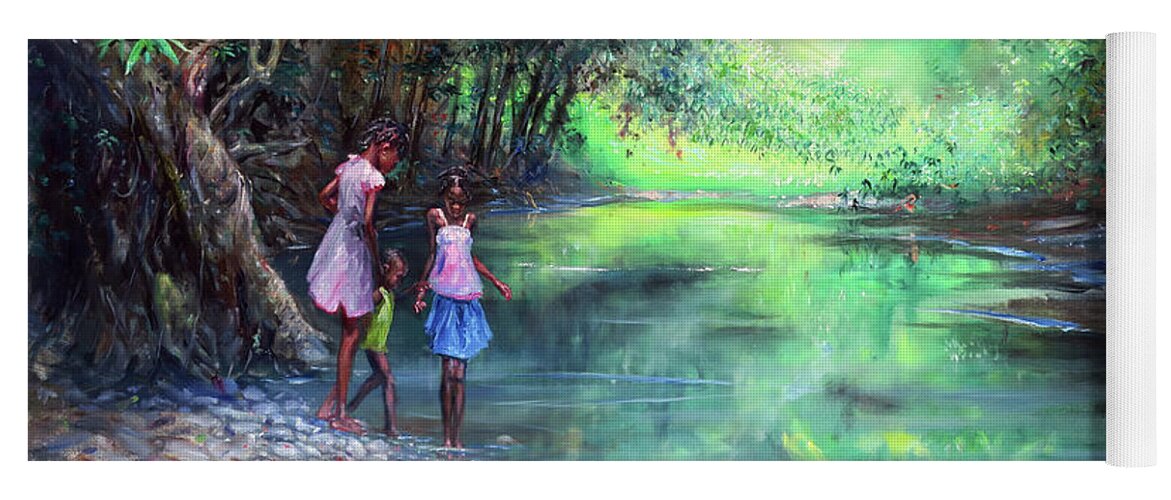 Caribbean Art Yoga Mat featuring the painting Three Children by the River by Jonathan Gladding
