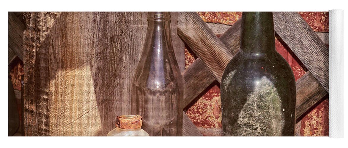 Bottles Yoga Mat featuring the photograph Three Old Bottles by James Eddy