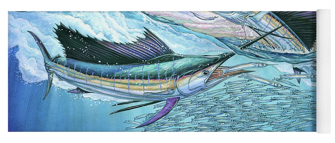 Blue Mrlin Yoga Mat featuring the painting Three sailfish and bait ball by Terry Fox