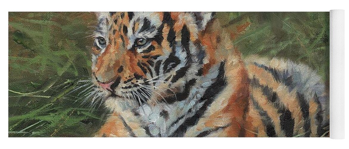 Tiger Yoga Mat featuring the painting Tiger Cub in Grass by David Stribbling