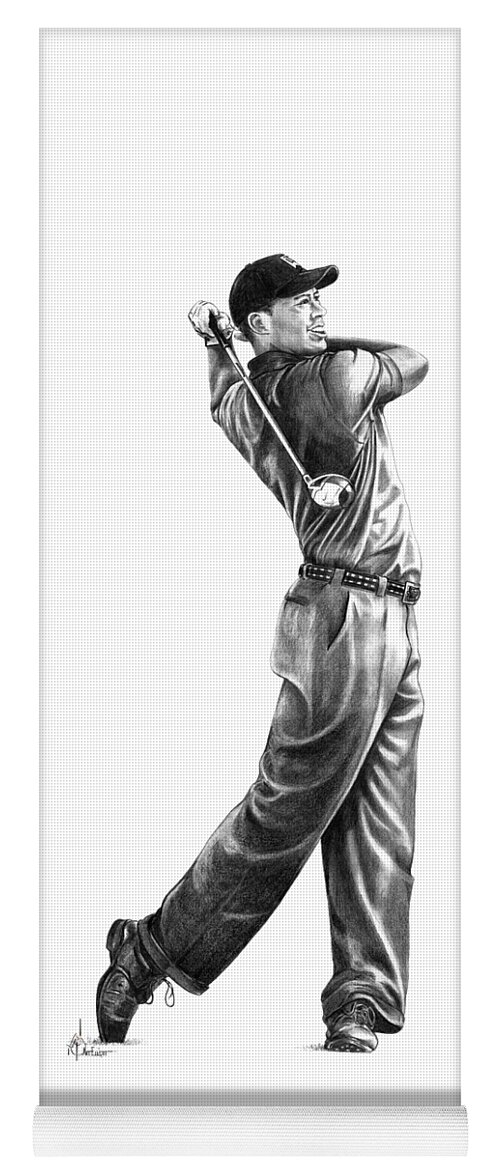 Tiger Woods Yoga Mat featuring the drawing Tiger Woods Full Swing by Murphy Elliott