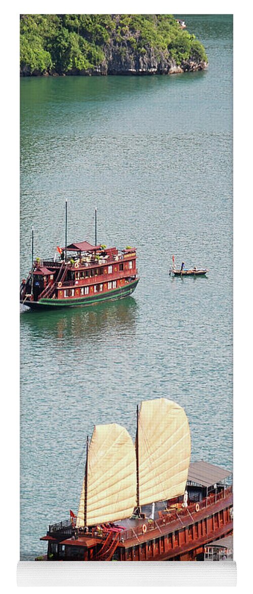 Seascape Yoga Mat featuring the photograph Tourist wooden Boats at Halong Bay Vietnam by Michalakis Ppalis