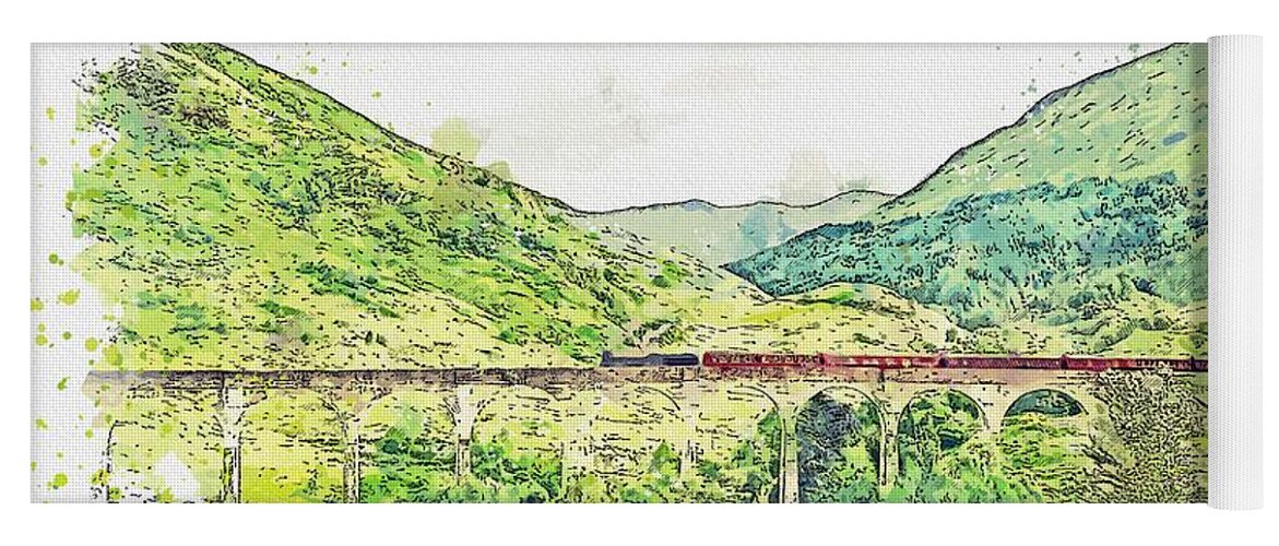 Nature Yoga Mat featuring the painting Traveling over Glenfinnan viaduct, Glenfinnan, Scotland watercolor by Ahmet Asar by Celestial Images