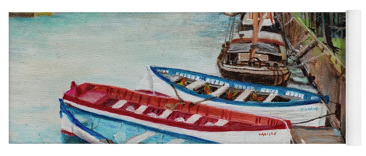 The Canals Of Amsterdam And Colorful Boats Yoga Mat featuring the painting Trio of Boats by Kathy Knopp