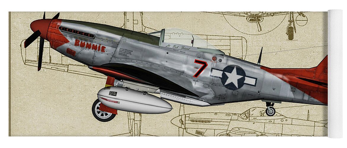North American P-51d Mustang Yoga Mat featuring the digital art Tuskegee P-51 Mustang Bunnie - Profile Art by Tommy Anderson