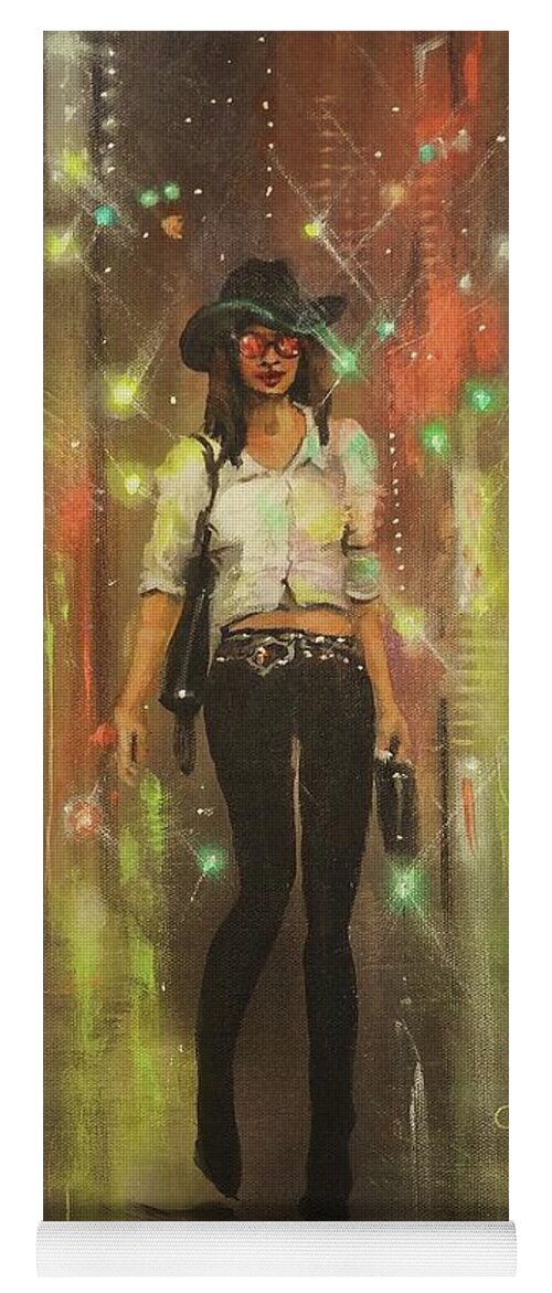 City At Night Yoga Mat featuring the painting Urban Cowgirl by Tom Shropshire