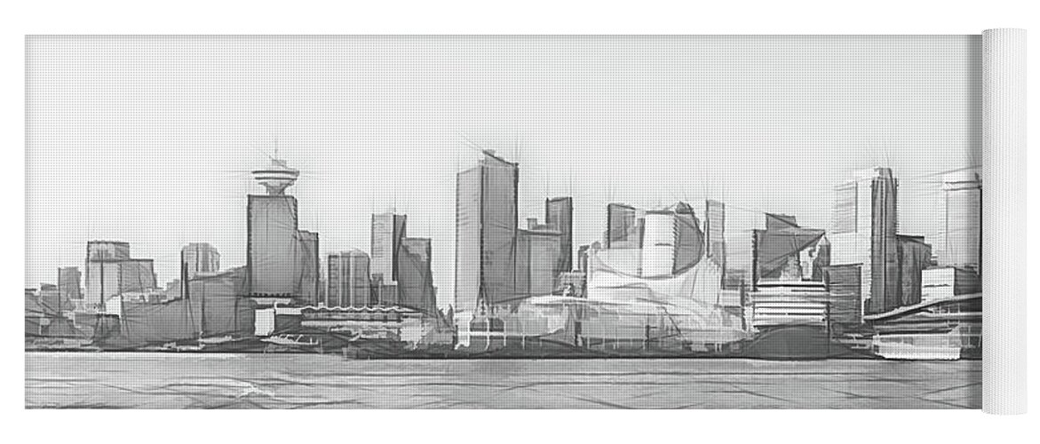 Canada Yoga Mat featuring the digital art Vancouver Cruise Ship Port and Financial District Digital Sketch by Rick Deacon