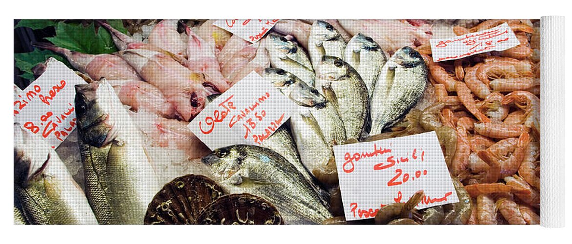 Various Types Of Fish And Seafood With Price Tags In Market
