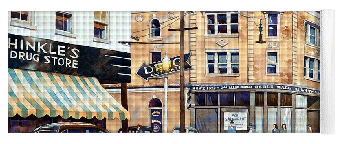 #landscape #watercolor #cityscape #fineart #painting #vintage #americana Yoga Mat featuring the painting Vintage Color, Hinkle's by Mick Williams